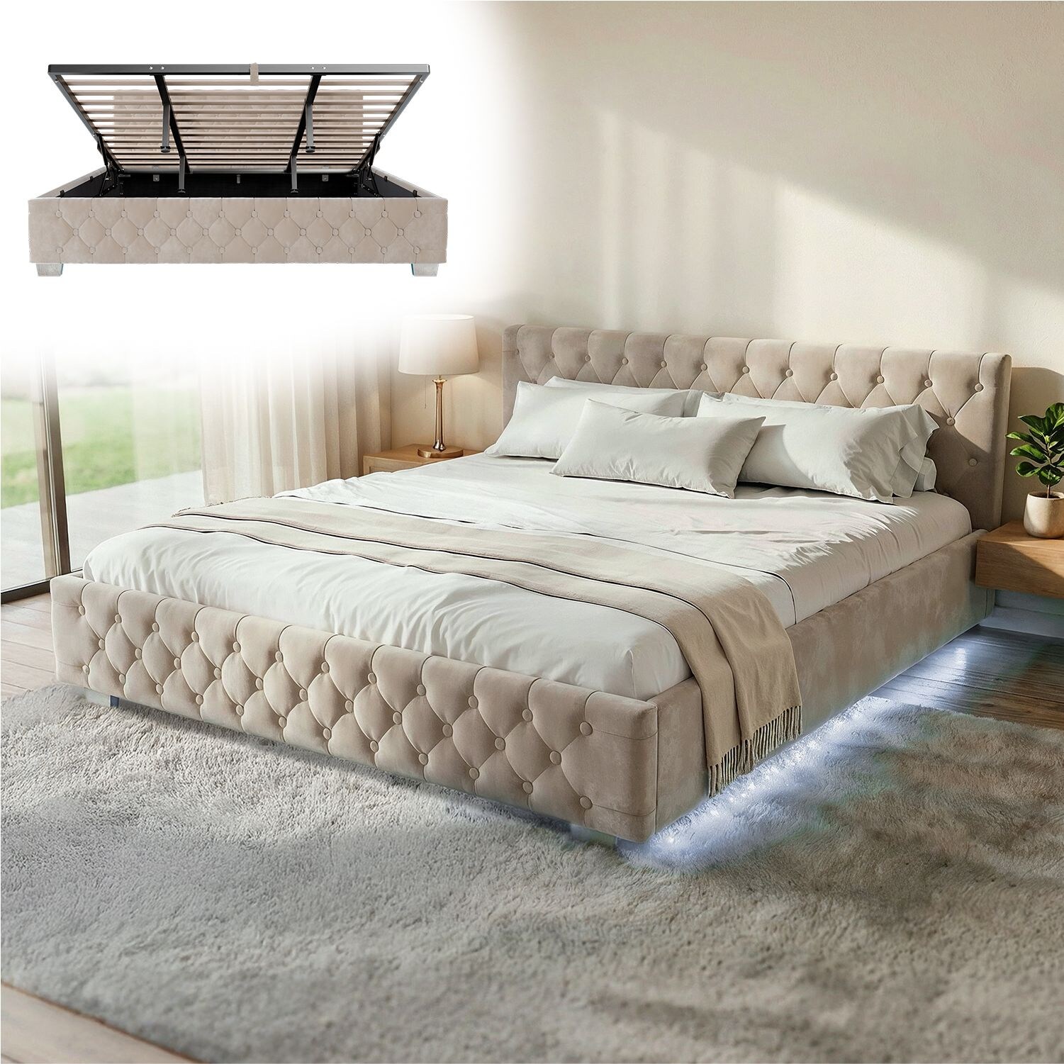 Juskys Polsterbett Nizza 180x200 cm - Lattenrost, Stauraum & LEDs - Samtbezug mit Steppung - Beige