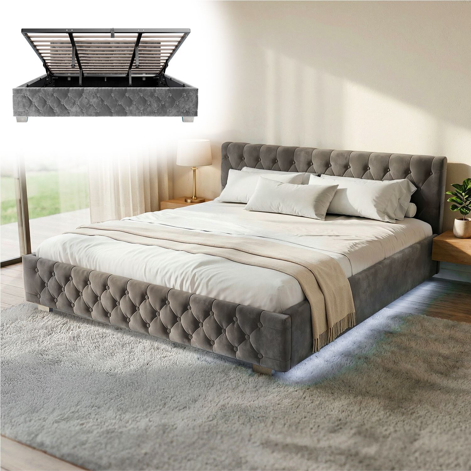 Juskys Polsterbett Nizza 180x200 cm - Lattenrost, Stauraum & LEDs - Samtbezug mit Steppung - Grau