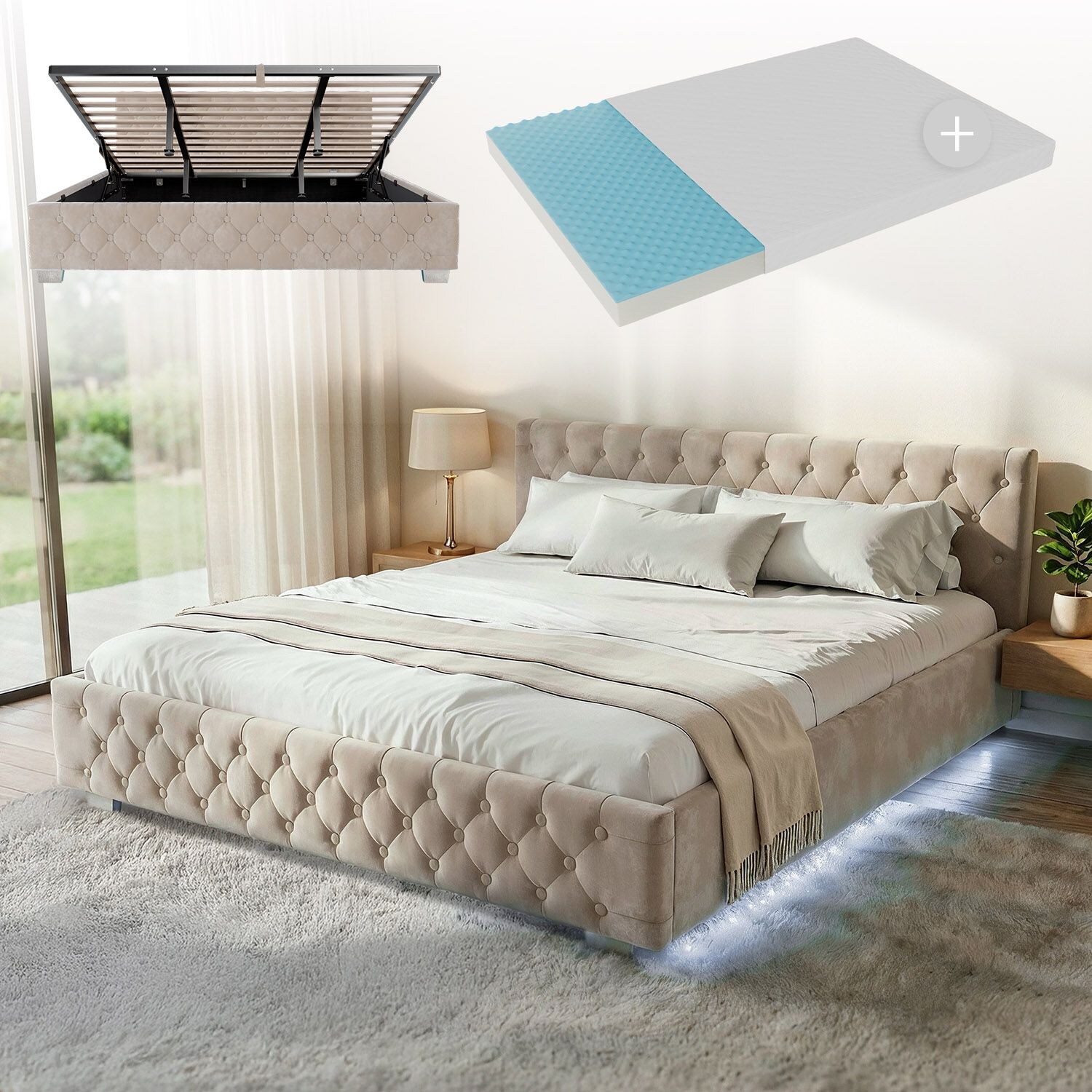 Juskys Polsterbett Nizza 180x200 cm – Matratze, Stauraum & LEDs - Samtbezug mit Steppung - Beige