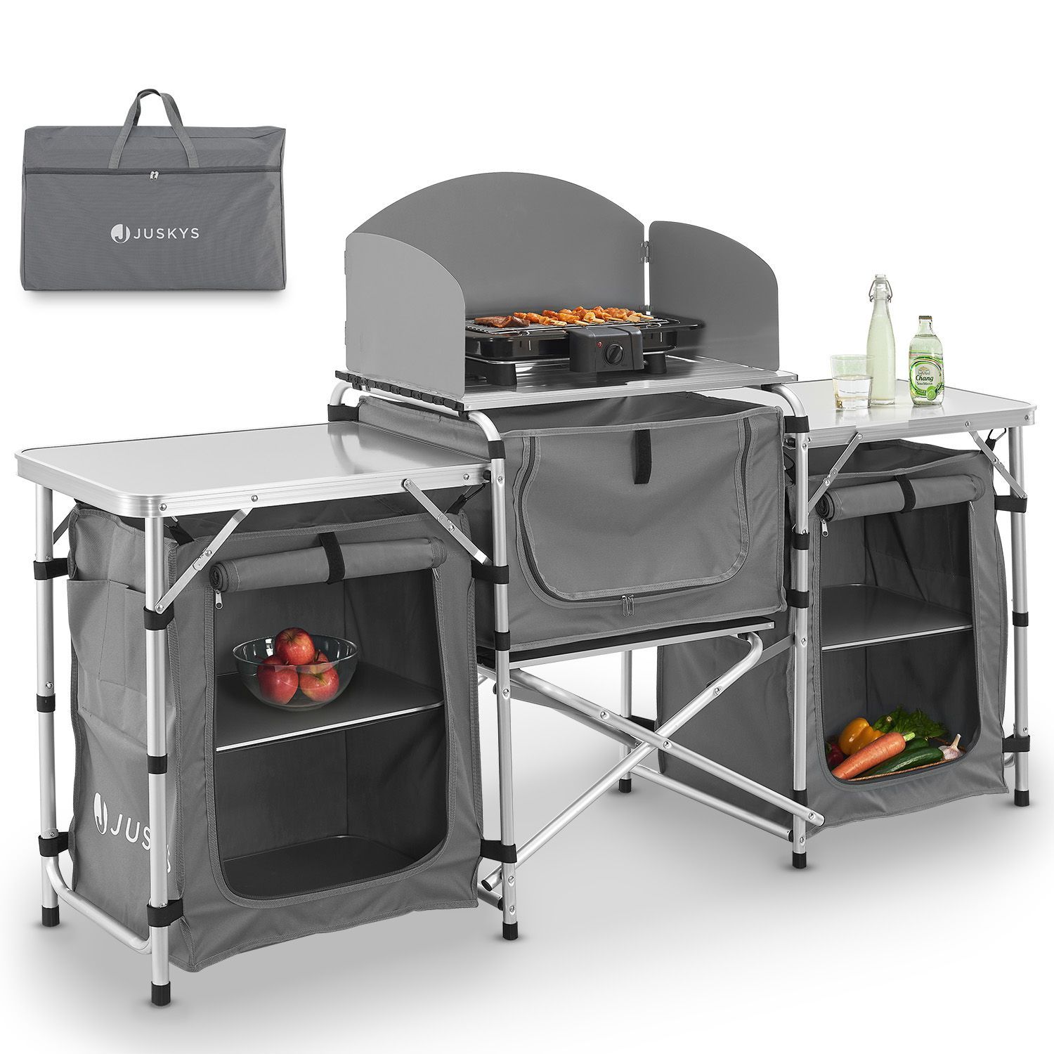 Juskys Campingk&uuml;che Garda - Outdoor K&uuml;che faltbar mit Schrank - klappbare K&uuml;chenbox in Grau 