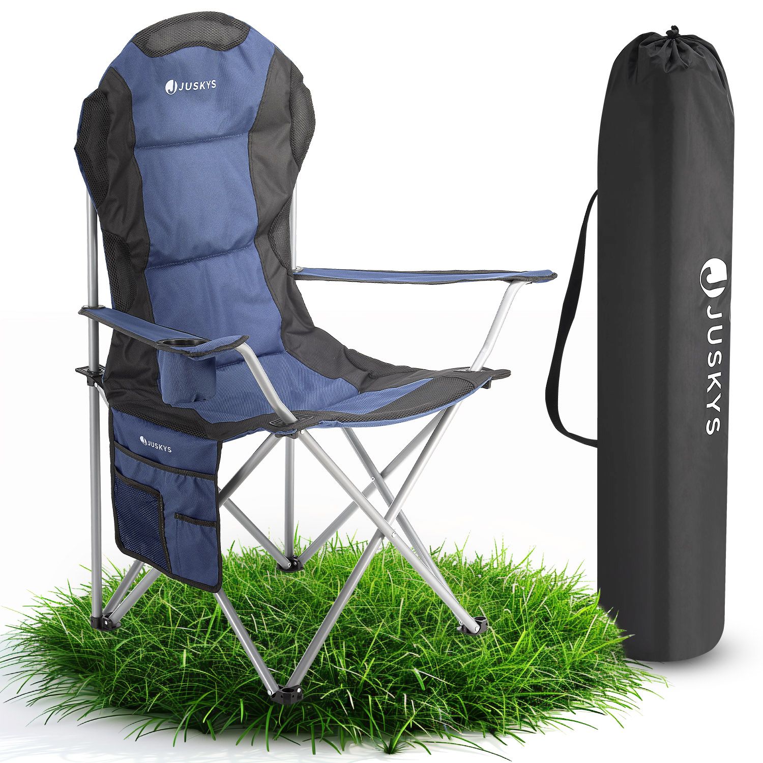 Juskys Campingstuhl Lido mit Getr&auml;nkehalter & Tasche - Camping Klappstuhl gepolstert - Stuhl Blau 
