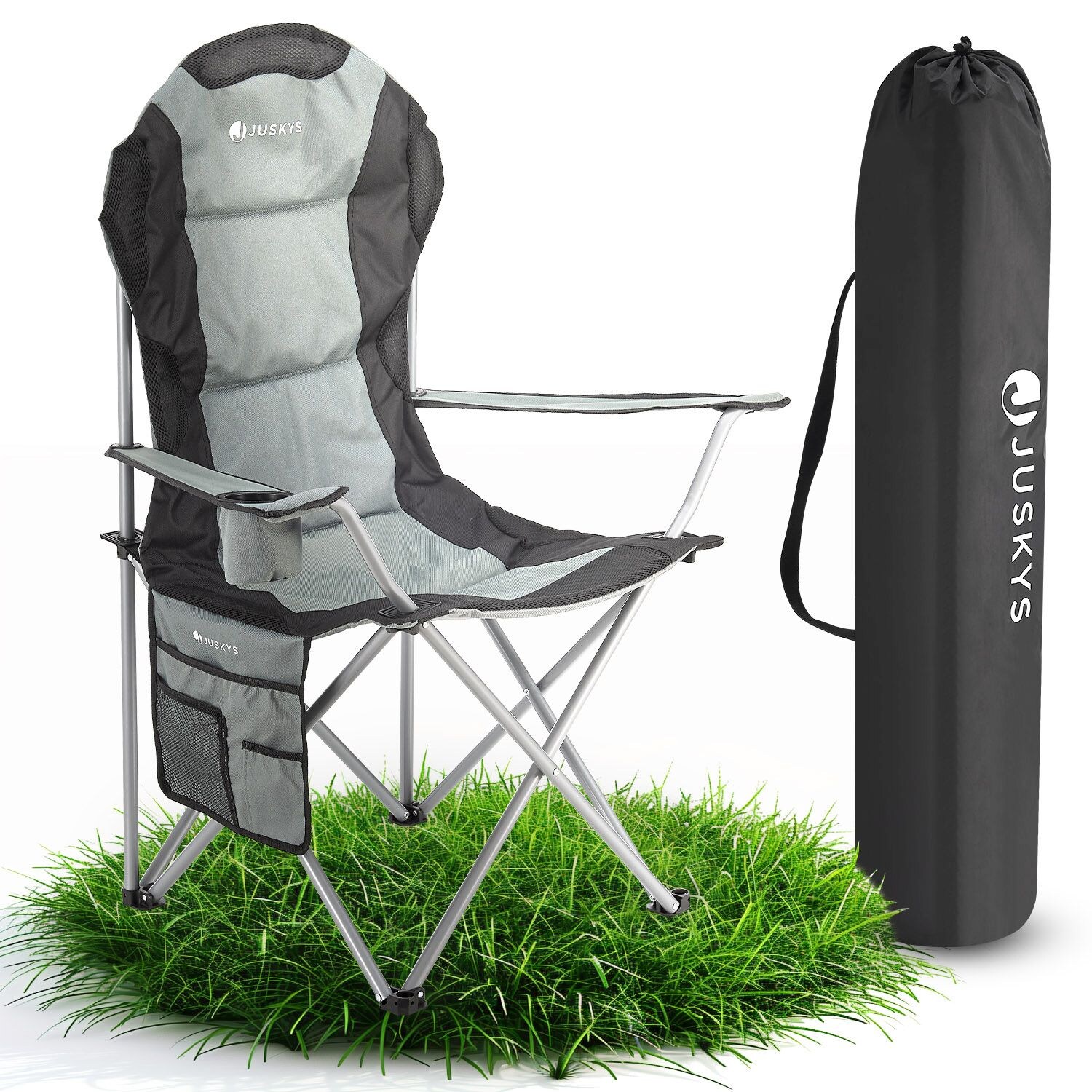 Juskys Campingstuhl Lido mit Getränkehalter & Tasche - Camping Klappstuhl gepolstert - Stuhl Grau