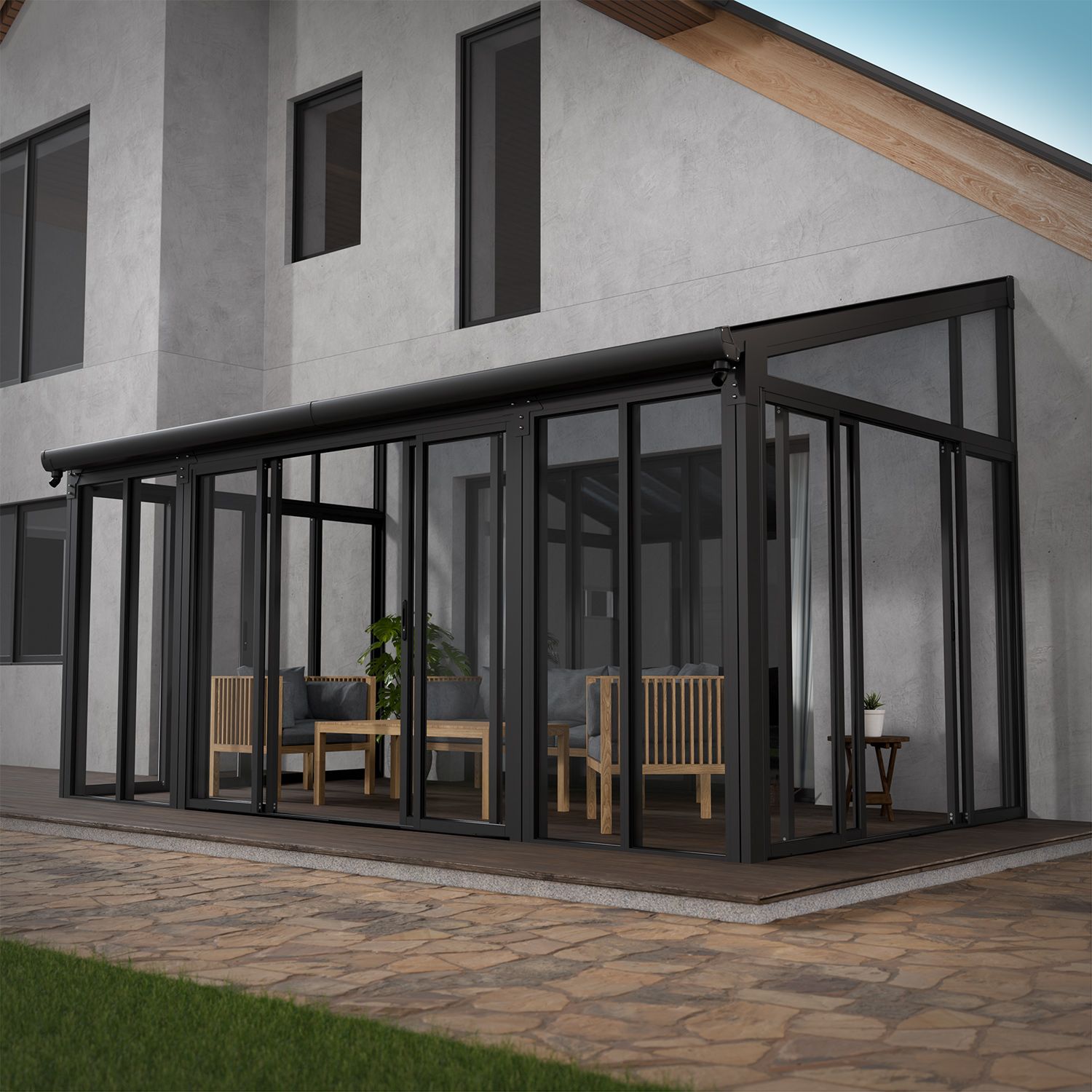 Juskys Wintergarten 15 m&sup2; in Grau mit Schiebet&uuml;ren - UV-Schutz, wasserdicht & winterfest 