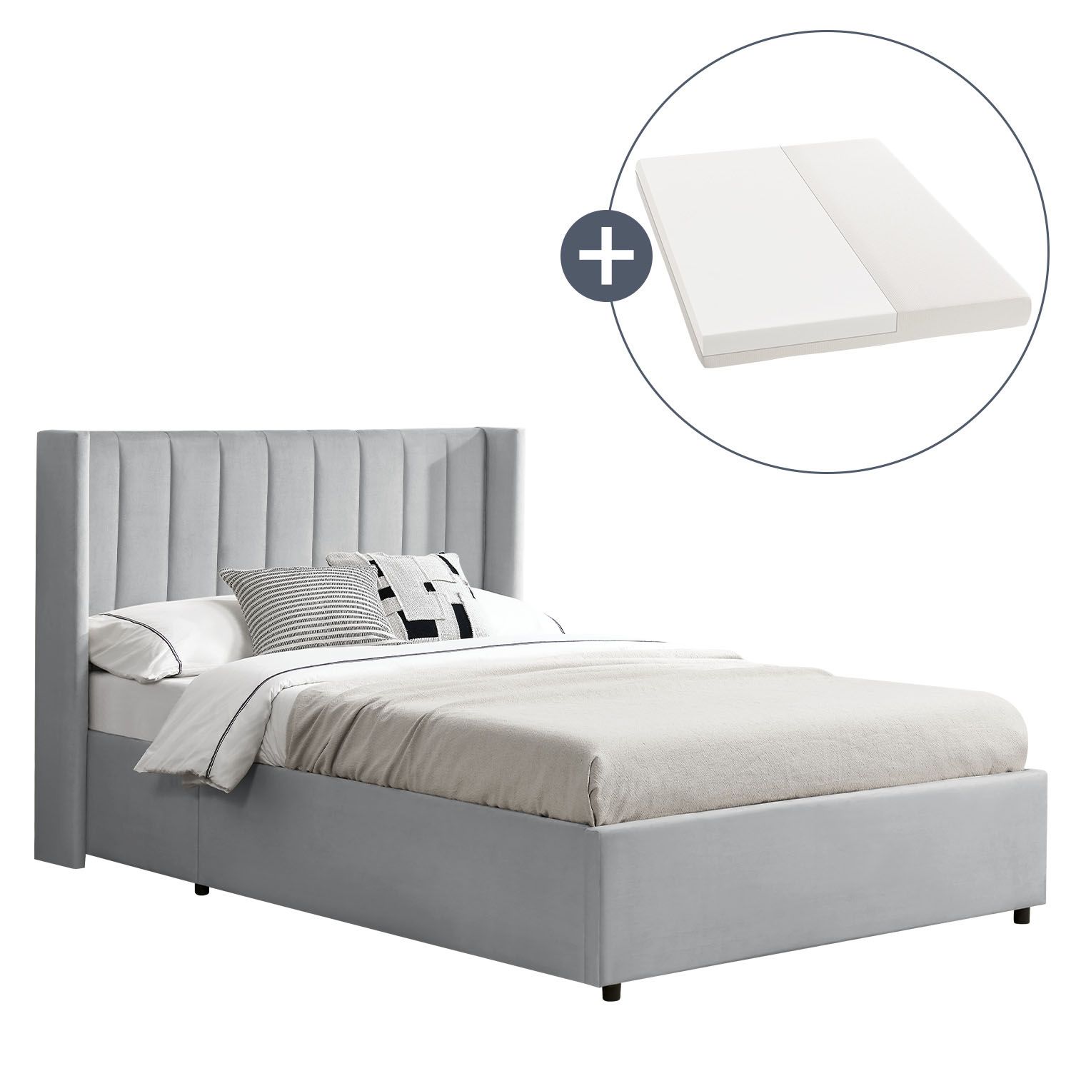 Juskys Polsterbett Savona 140x200 cm mit Stauraum, H3 Matratze, Samt-Bezug, bis 250kg - Hellgrau 