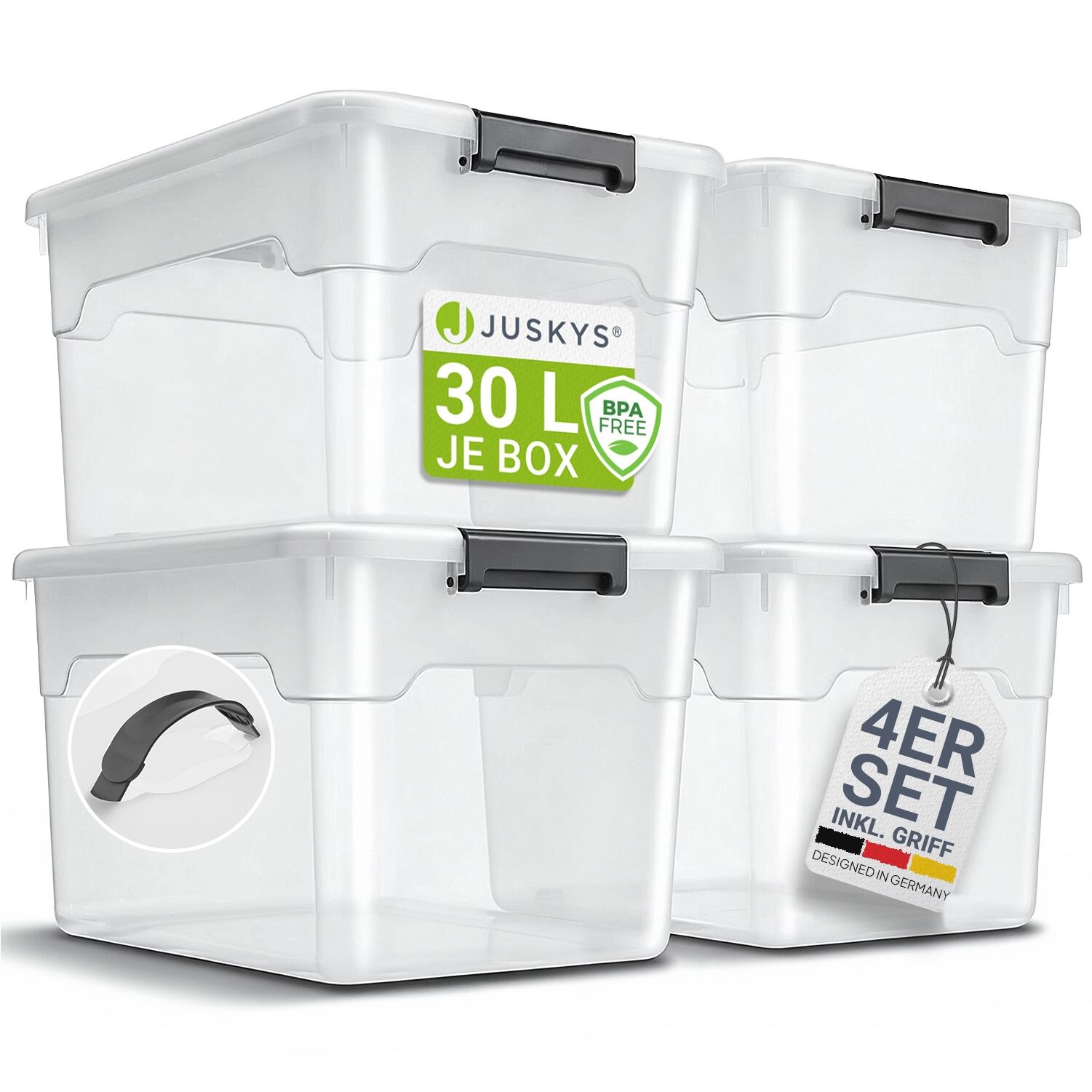 Aufbewahrungsbox mit Deckel - 4er Set Kunststoff Boxen  - Box stapelbar, transparent