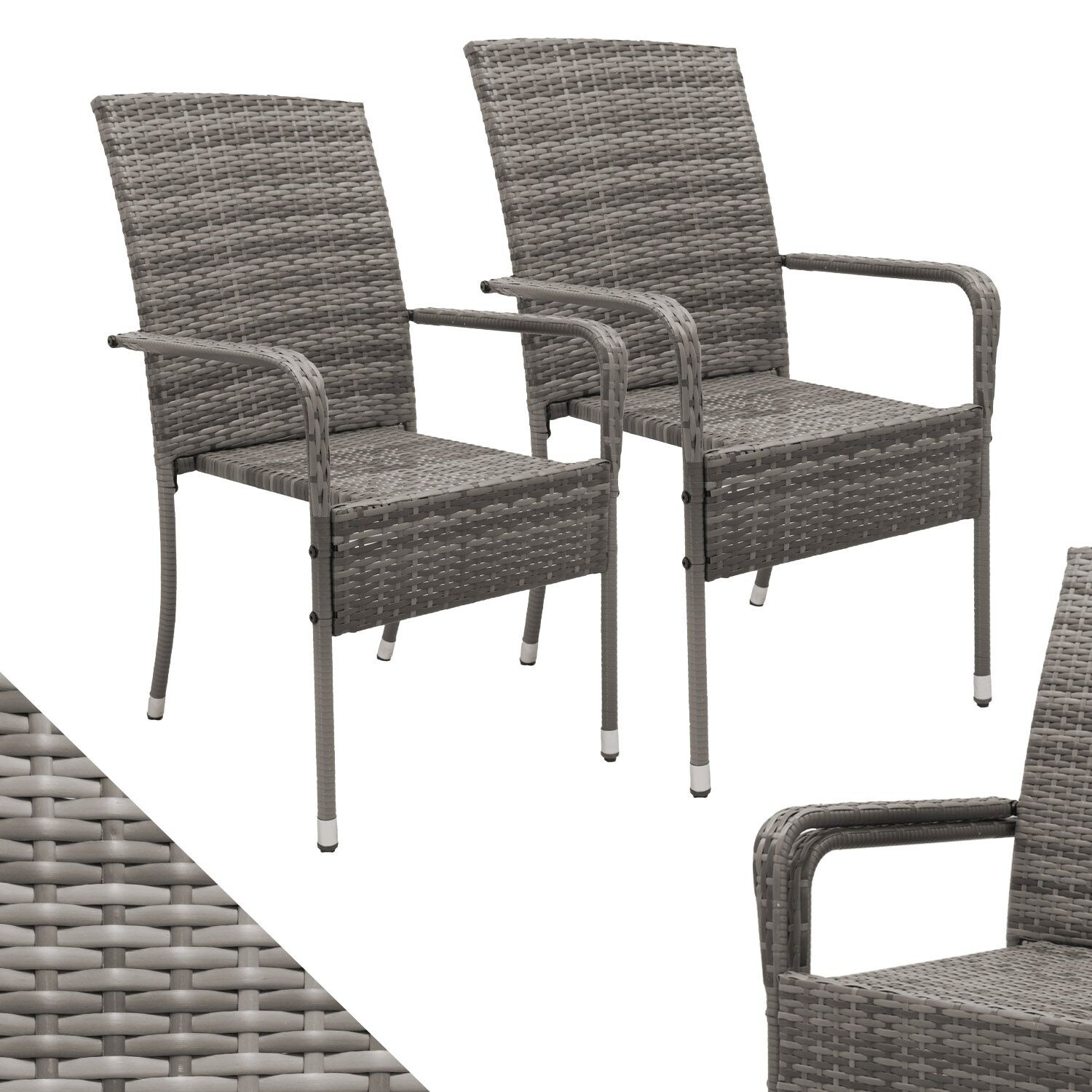 Juskys Polyrattan Gartenst&uuml;hle Yoro 2er Set - Stuhl mit Armlehnen - Rattan St&uuml;hle stapelbar Grau-meliert 