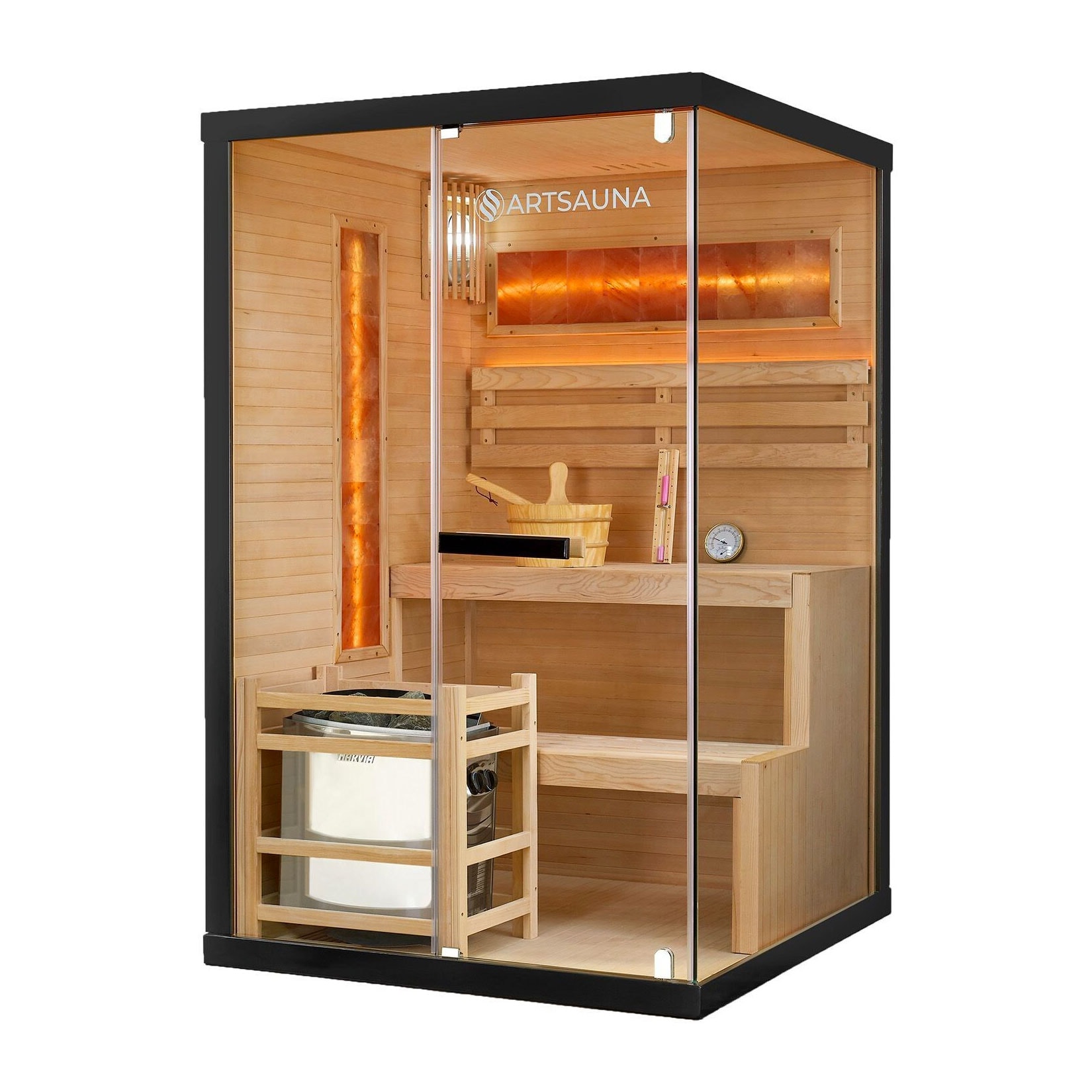 Artsauna Saunakabine Vantaa 120 mit Salzstein - Indoor Sauna f&uuml;r 2 Personen, 3,5 kW Ofen, Glasfront 