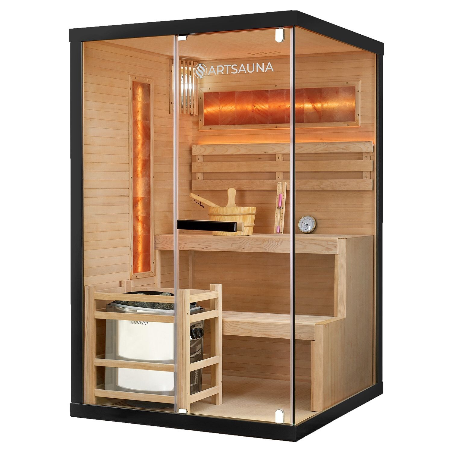 Saunakabine Vantaa 120 mit Salzstein - Indoor Sauna für 2 Personen, 3,5 kW Ofen, Glasfront