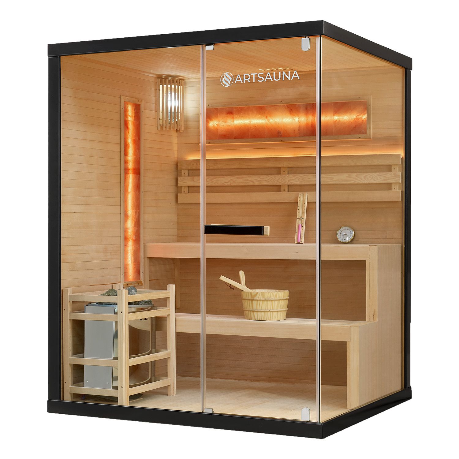 Artsauna Saunakabine Vantaa 150 mit Salzstein - Indoor Sauna f&uuml;r 3 Personen, 4,5 kW Ofen, Glasfront 