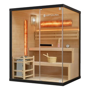 Artsauna Saunakabine Vantaa 150 mit Salzstein - Indoor Sauna für 3 Personen, 4,5 kW Ofen, Glasfront 