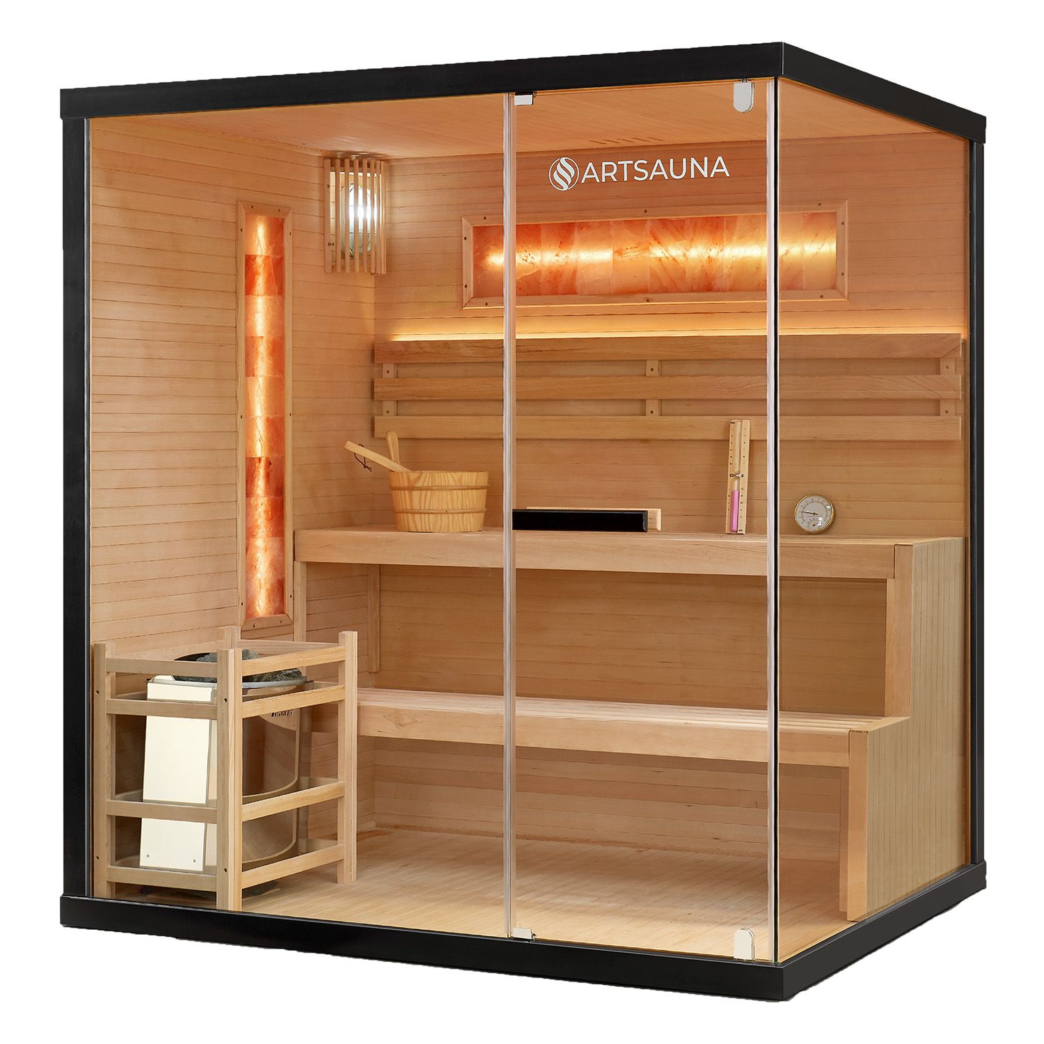 Artsauna Saunakabine Vantaa 175 mit Salzstein - Indoor Sauna f&uuml;r 4 Personen, 8 kW Ofen, Glasfront 
