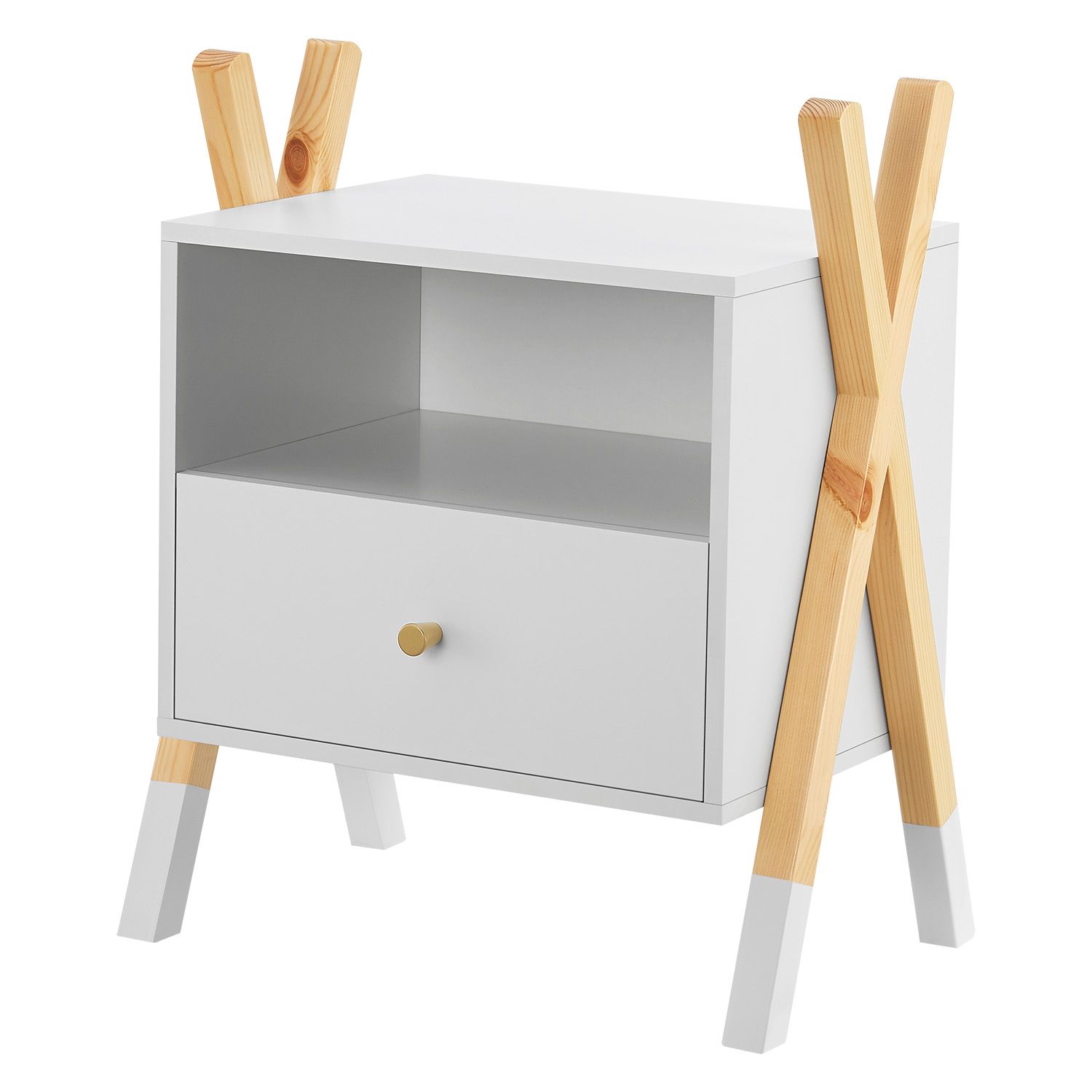 Juskys Kinder Nachttisch Jamie - Schublade, Ablage & Fach - kleiner Nachtschrank Holz - Kommode Wei&szlig; 