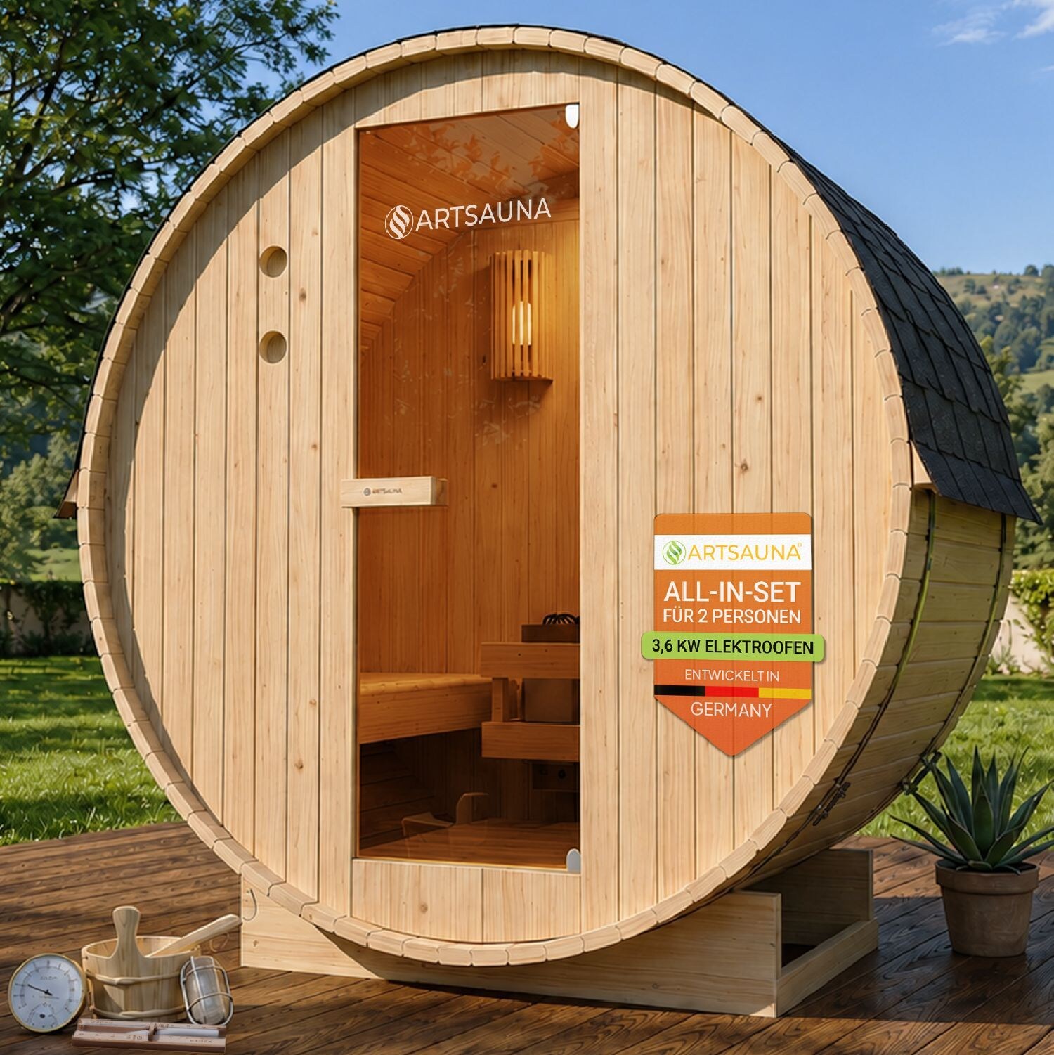 Fasssauna Spitzbergen 120 - 2 Personen, 3,6 kW Ofen, Zubehör - Fichtenholz Sauna
