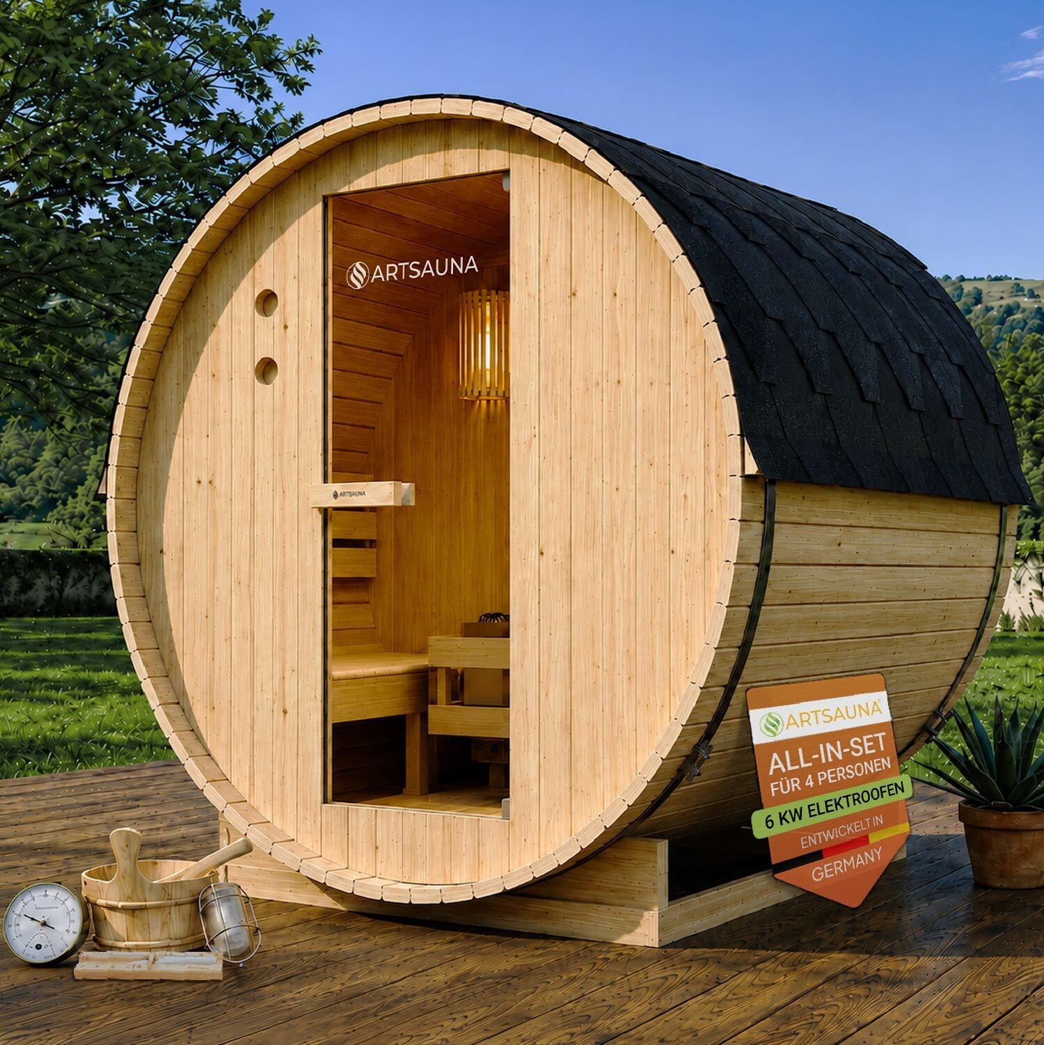 Fasssauna Spitzbergen 180 - 4 Personen, 6 kW Ofen, Zubehör - Fichtenholz Sauna