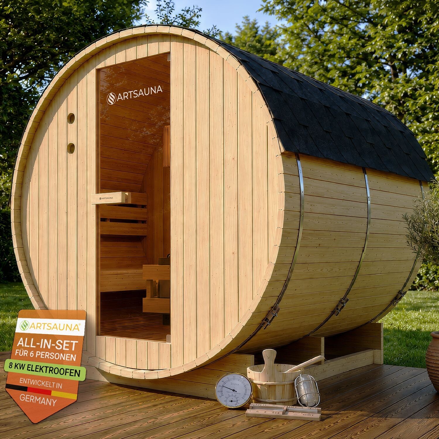 Fasssauna Spitzbergen 220 - 6 Personen, 8 kW Ofen, Zubehör - Fichtenholz Sauna