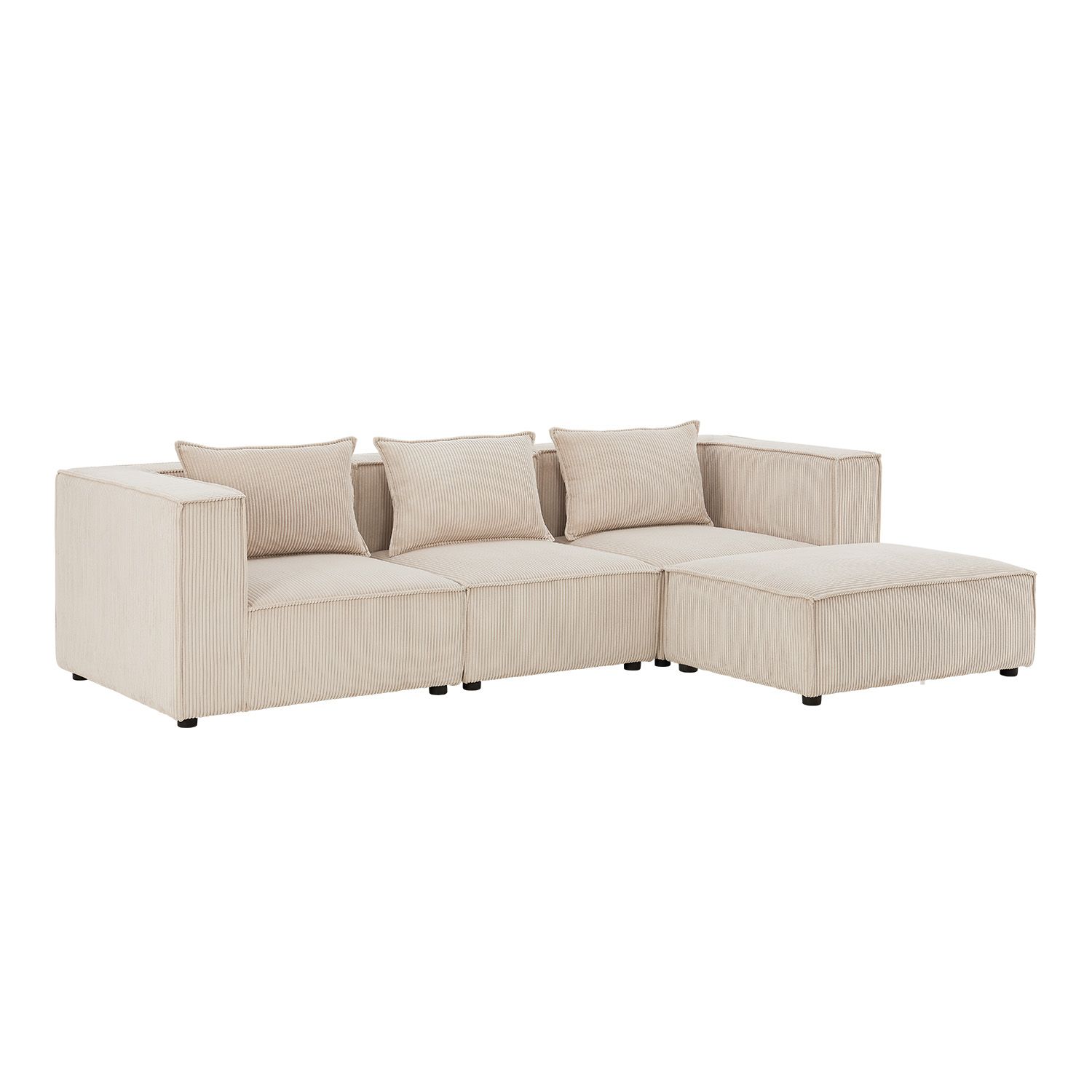 Juskys modulares Sofa Domas L - Couch Wohnzimmer - 3 Sitzer - Ottomane & Kissen - Cord Beige 