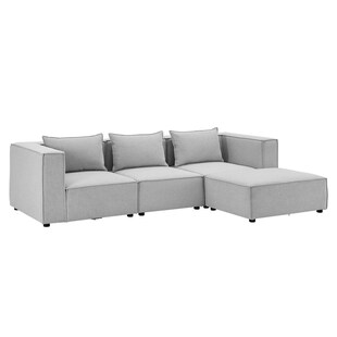 Juskys modulares Sofa Domas L - Couch Wohnzimmer - 3 Sitzer - Ottomane & Kissen - Stoff Hellgrau 