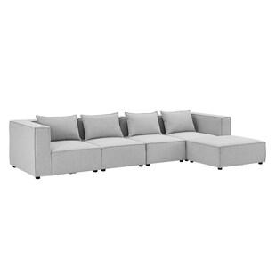 Juskys modulares Sofa Domas XL - Couch Wohnzimmer - 4 Sitzer - Ottomane & Kissen - Stoff Hellgrau 