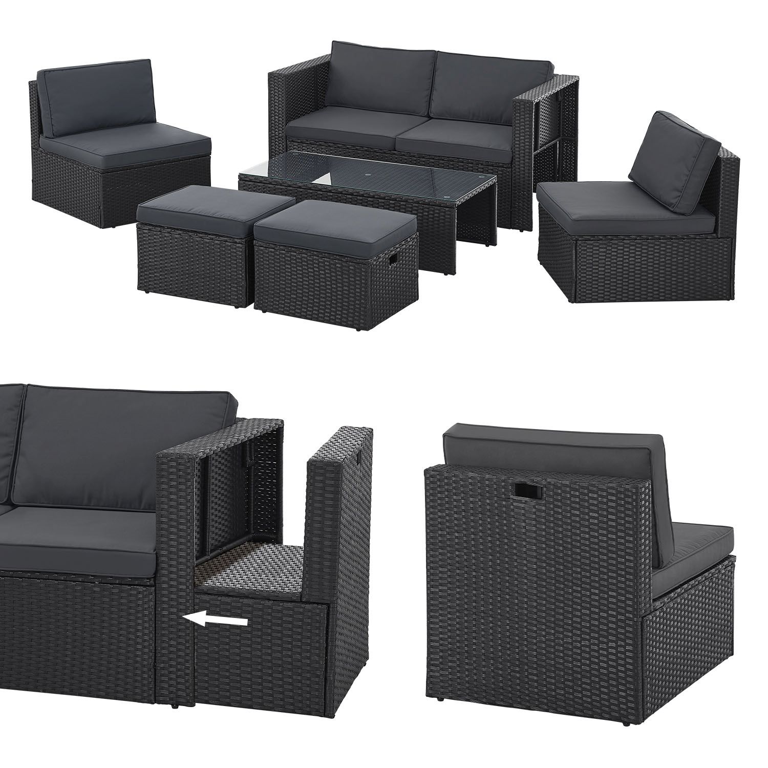 Juskys Polyrattan Gartenm&ouml;bel Set Salou - Outdoor Lounge f&uuml;r 6 Personen, wetterfest - Schwarz 