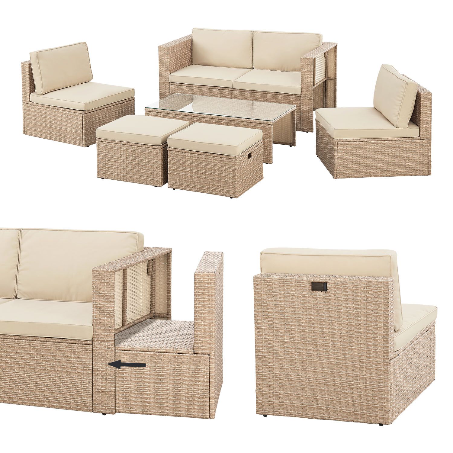 Juskys Polyrattan Gartenm&ouml;bel Set Salou - Outdoor Lounge f&uuml;r 6 Personen, wetterfest - Creme 