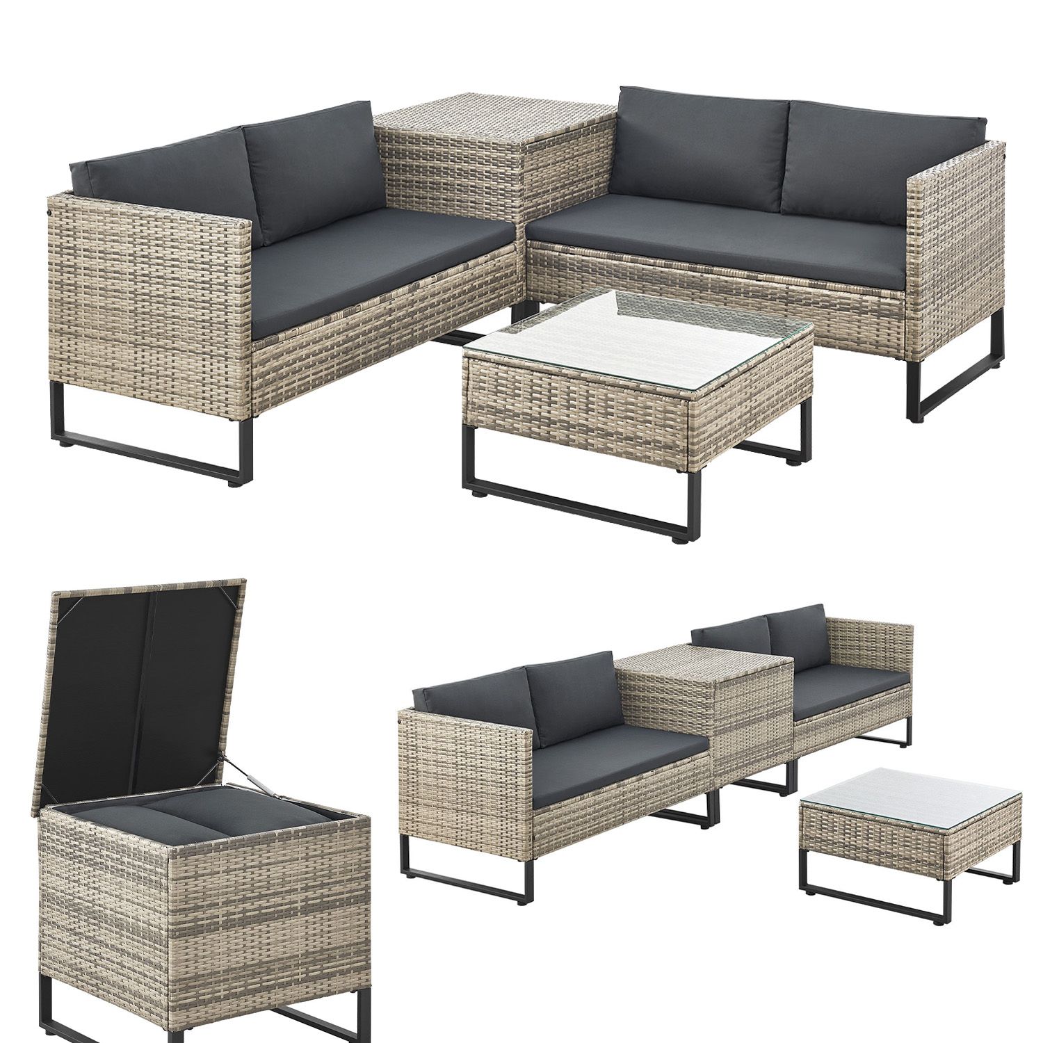 Juskys Polyrattan Lounge Santorini - Outdoor Sitzecke mit Beistelltisch & Auflagenbox - Grau 
