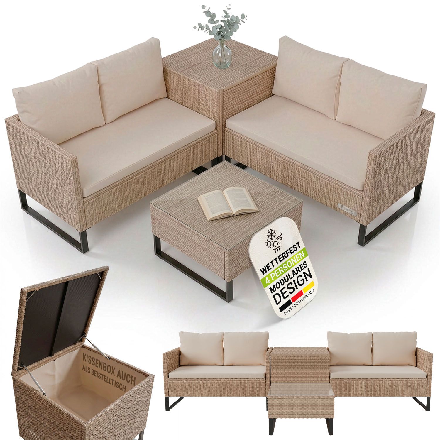 Juskys Polyrattan Lounge Santorini - Outdoor Sitzecke mit Beistelltisch & Auflagenbox - Creme 