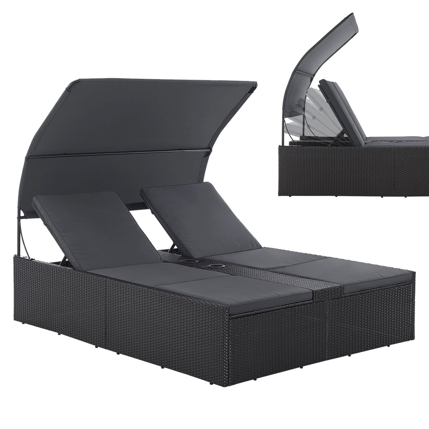 Juskys Polyrattan Doppelliege Syros - Outdoor Liege mit Dach & Auflagen - Sonnenliege Schwarz 