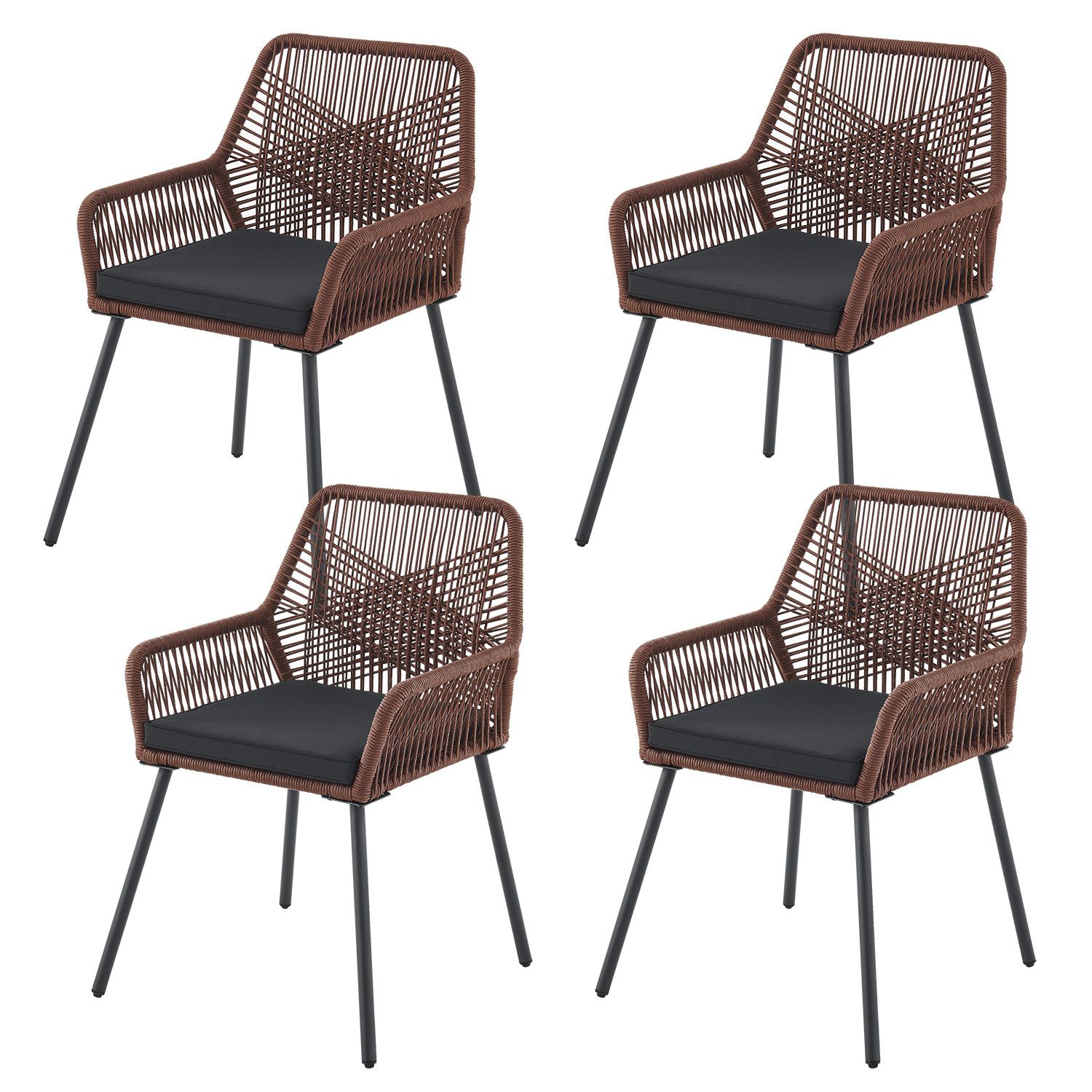 Juskys Rope Gartenst&uuml;hle Kastos 4er Set - Outdoor Stuhl 150 kg belastbar - Gartenstuhl Braun 