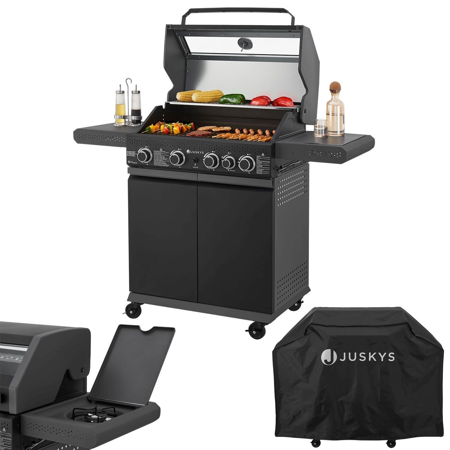 BBQ Gasgrill Savannah - 4 Brenner & 1 Seitenbrenner - Stahl Grill mit Gusseisen Grillrost