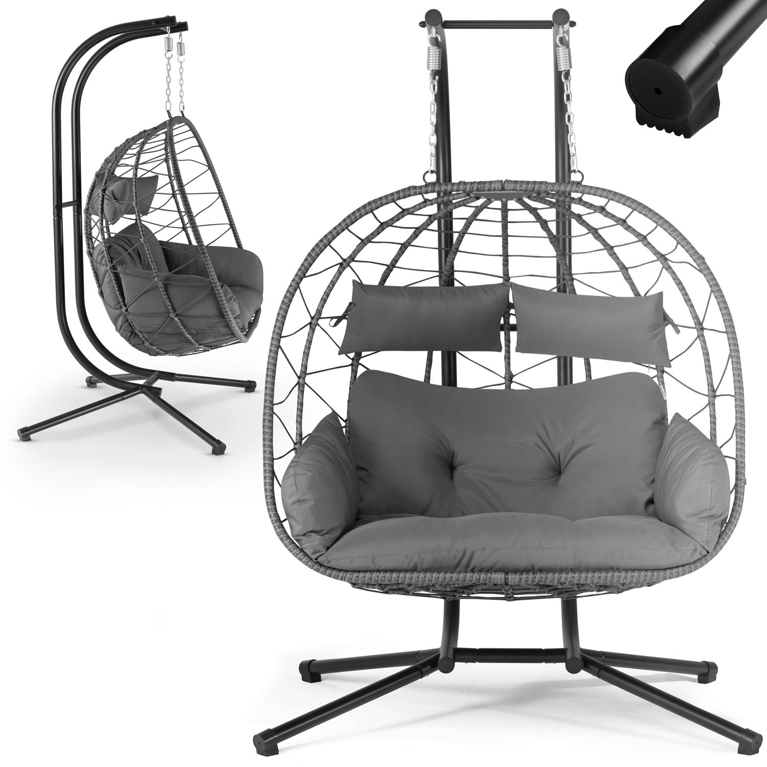 Juskys Doppelh&auml;ngesessel Aria - Polyrattan H&auml;ngesessel mit Gestell & Kissen - 2 Personen - Grau 