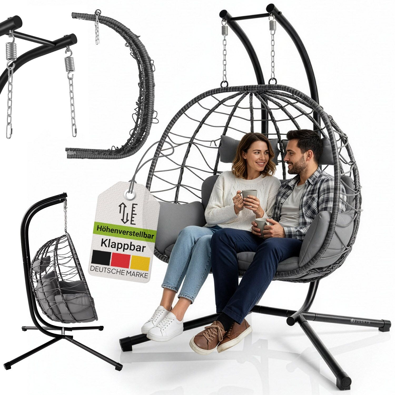 Doppelhängesessel Aria - Polyrattan Hängesessel mit Gestell & Kissen - 2 Personen - Grau
