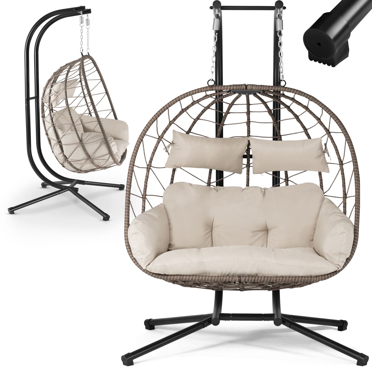 Juskys Doppelh&auml;ngesessel Aria - Polyrattan H&auml;ngesessel mit Gestell & Kissen - 2 Personen - Beige 