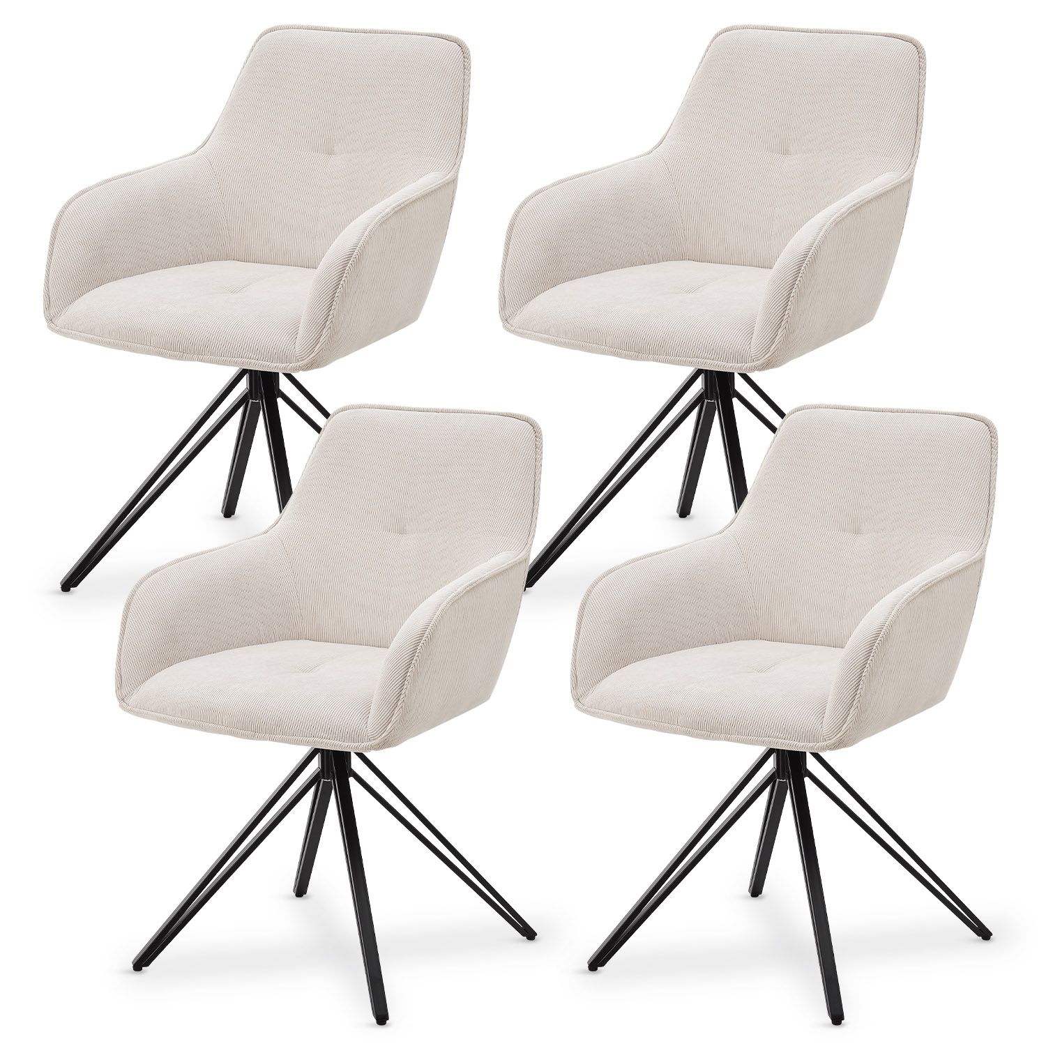Juskys Drehstuhl Clyde 4er Set mit Armlehne & Stoff Bezug - Esszimmerstuhl modern Cord Beige 