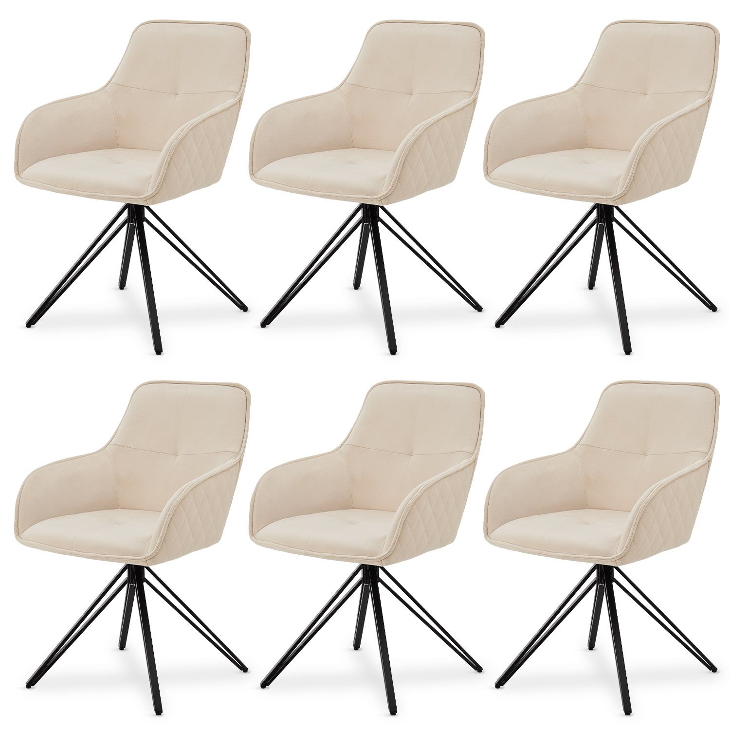 Juskys Drehstuhl Clyde 6er Set mit Armlehne & Stoff Bezug - Esszimmerstuhl modern Samt Beige 