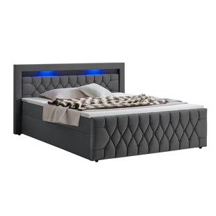 Juskys Boxspringbett Leona Samt 140x200 cm in Grau – mit LEDs, Topper & H4-Federkern-Matratzen 