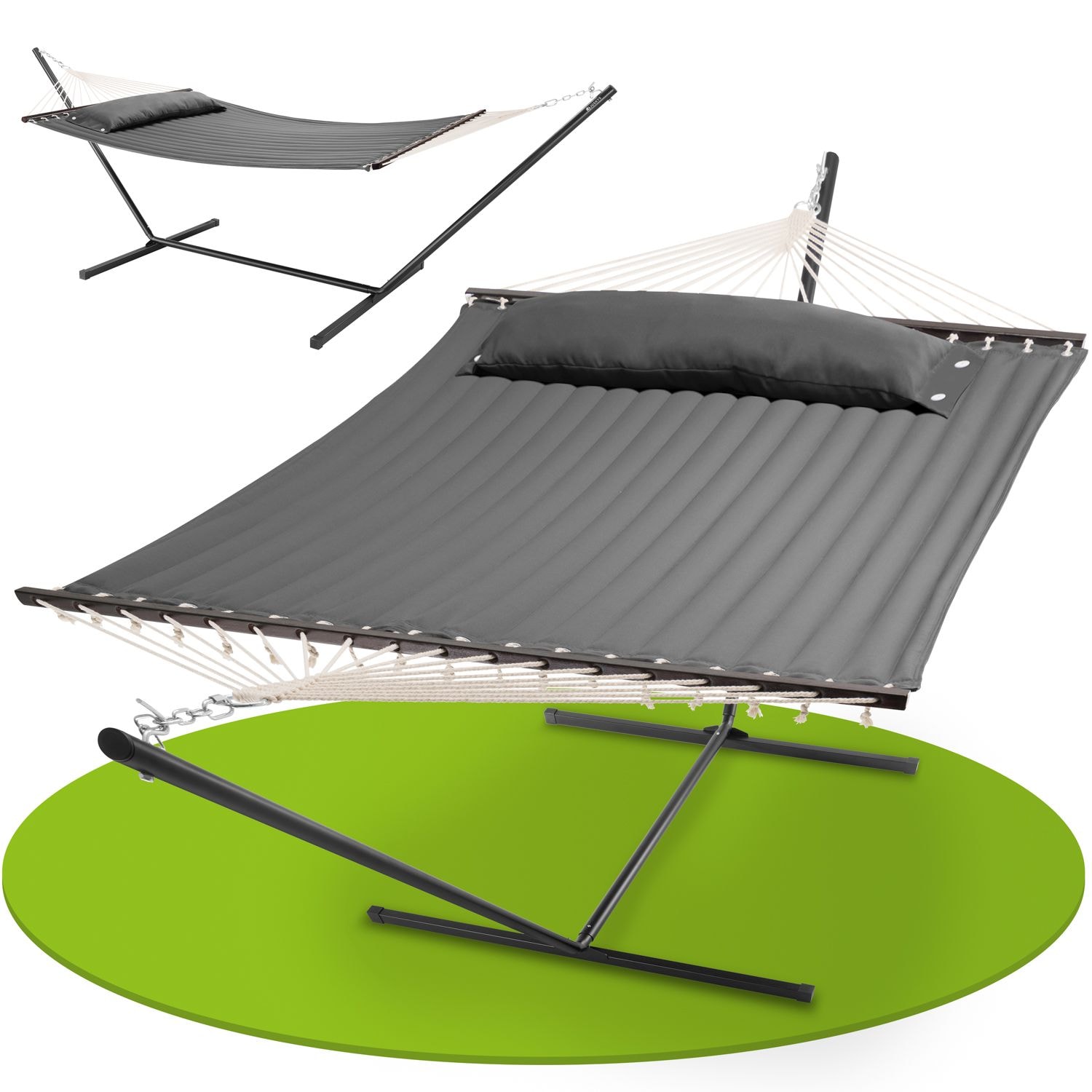 Juskys H&auml;ngematte Cata mit Gestell und Kissen - Doppelh&auml;ngematte f&uuml;r 2 Personen - 200kg - Anthrazit 