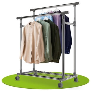 Juskys Metall Kleiderständer auf Rollen - Garderobenständer mit 2 Stangen - Kleiderstange Silber 