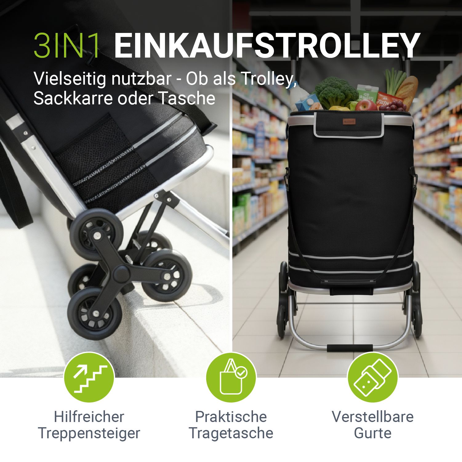 Juskys 3in1 Einkaufstrolley f&uuml;r Treppen - 56 L, modern & klappbar - Treppensteiger Trolley Schwarz 