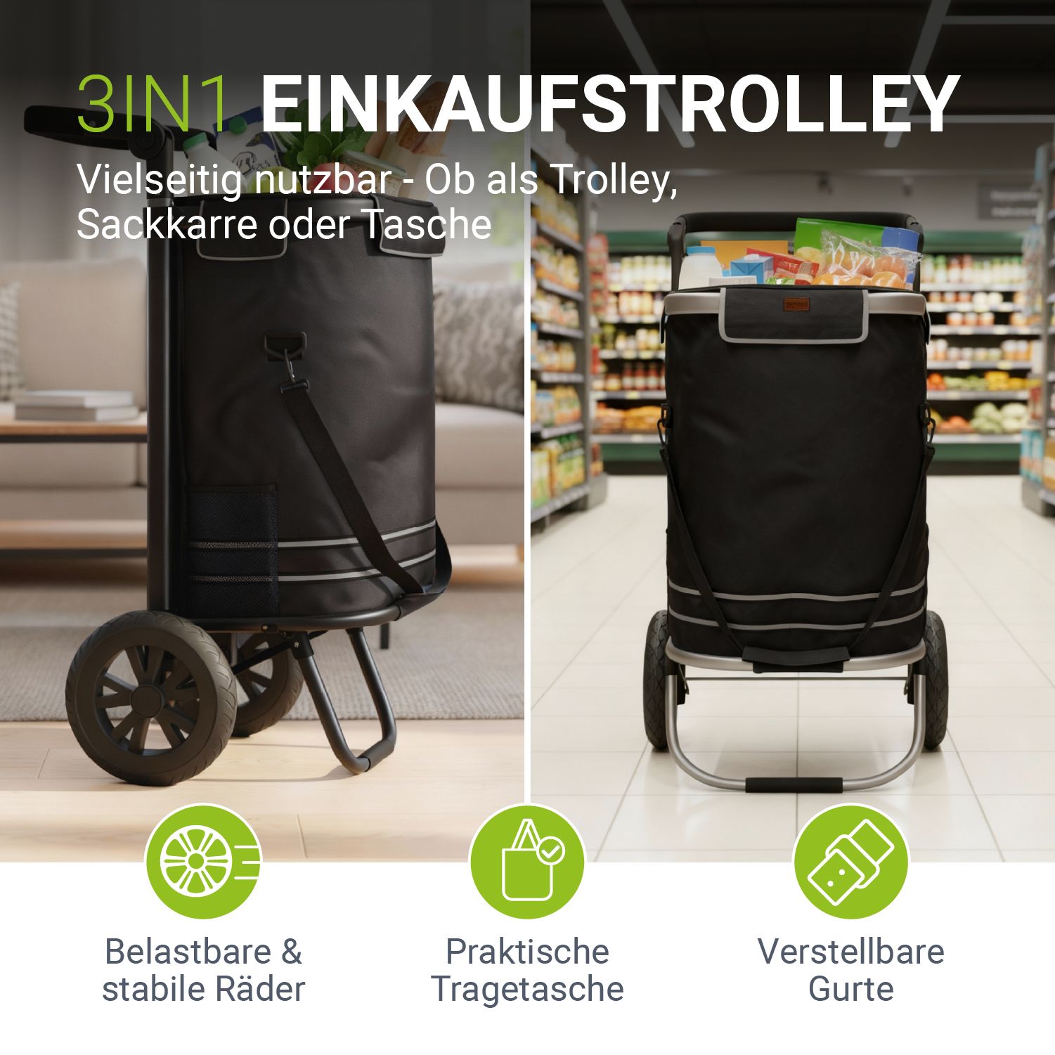 Juskys Einkaufstrolley 3in1 mit 2 Rollen f&uuml;r Shopping - 56 L Tasche - Trolley klappbar - Schwarz 