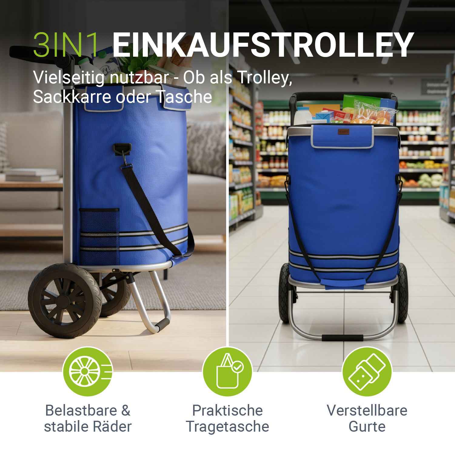 Juskys Einkaufstrolley 3in1 mit 2 Rollen f&uuml;r Shopping - 56 L Tasche - Trolley klappbar - Dunkelblau 