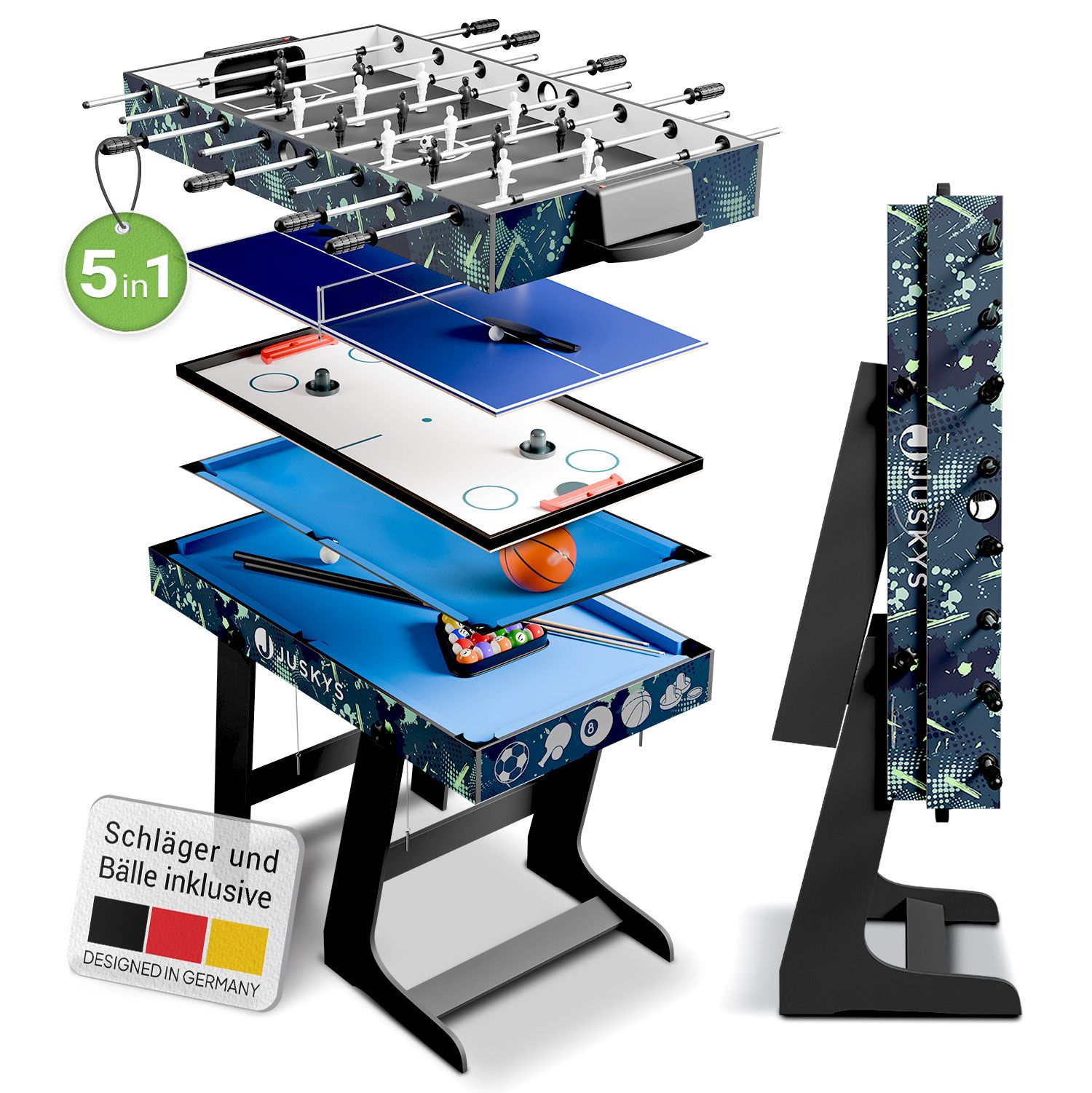 Juskys 5 in1 Spieltisch Ballzauber - klappbar mit Tischtennis, Kicker, Billard, Hockey & Basketball 