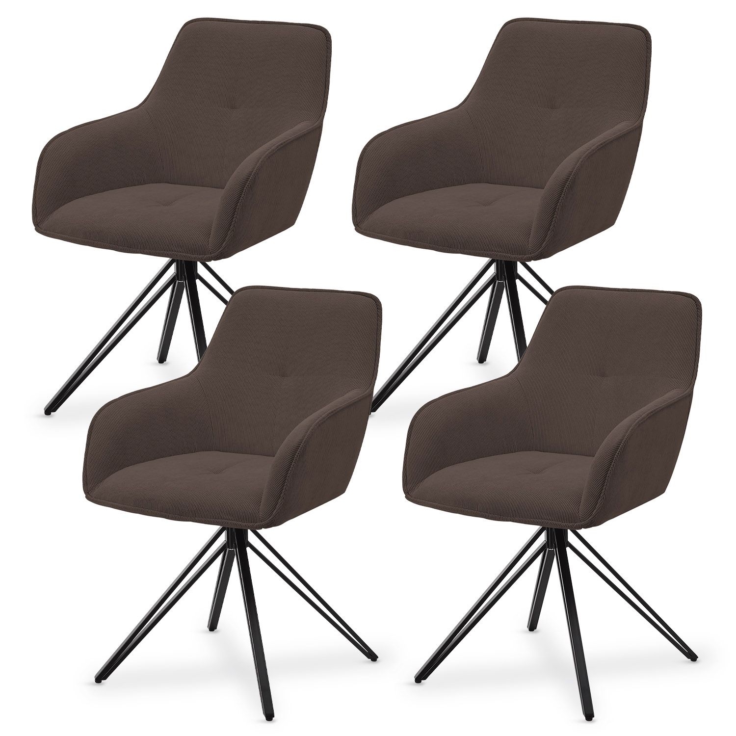 Juskys Drehstuhl Clyde 4er Set mit Armlehne & Stoff Bezug - Esszimmerstuhl modern Cord Braun 