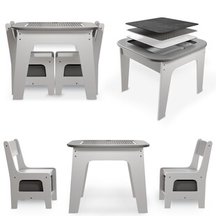 Juskys Kindersitzgruppe Milou mit 2 Stühlen, Tisch & Stauraum - Holz Sitzgruppe für Kinder - Grau 