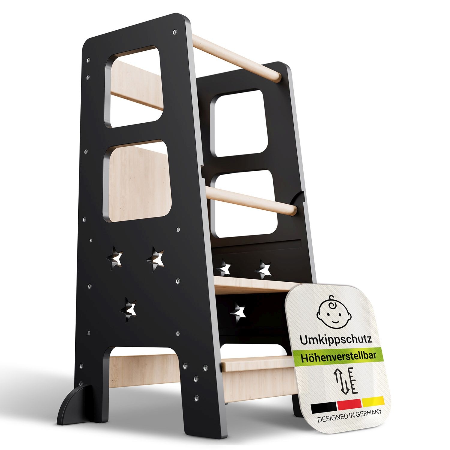 Juskys Lernturm Henny - Kinder ab 1 Jahr, Stehhilfe, 3-fach h&ouml;henverstellbar, Umkippschutz - Schwarz 