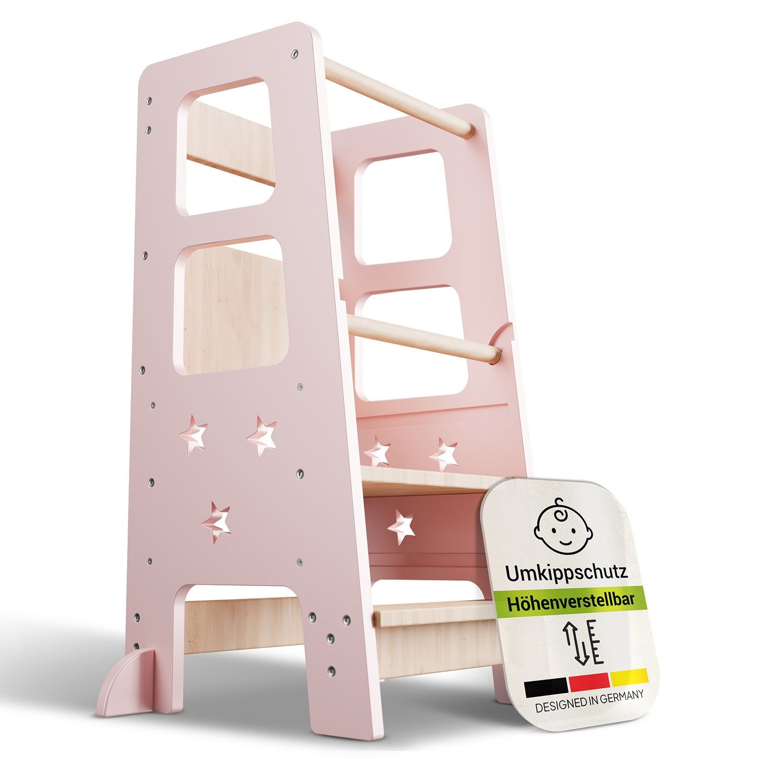 Juskys Lernturm Henny - Kinder ab 1 Jahr, Stehhilfe, 3-fach h&ouml;henverstellbar, Umkippschutz - Rosa 