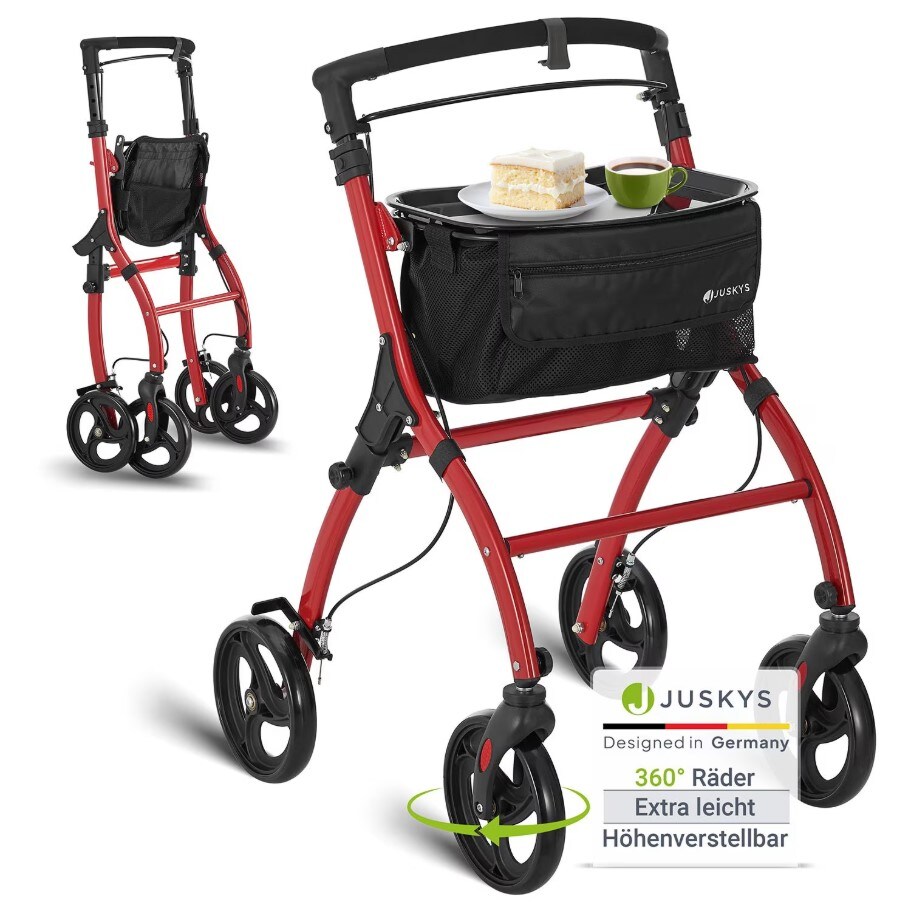 Aluminium Wohnungsrollator Aktiv - Tasche & Tablett - Rollator schmal & faltbar - Rot