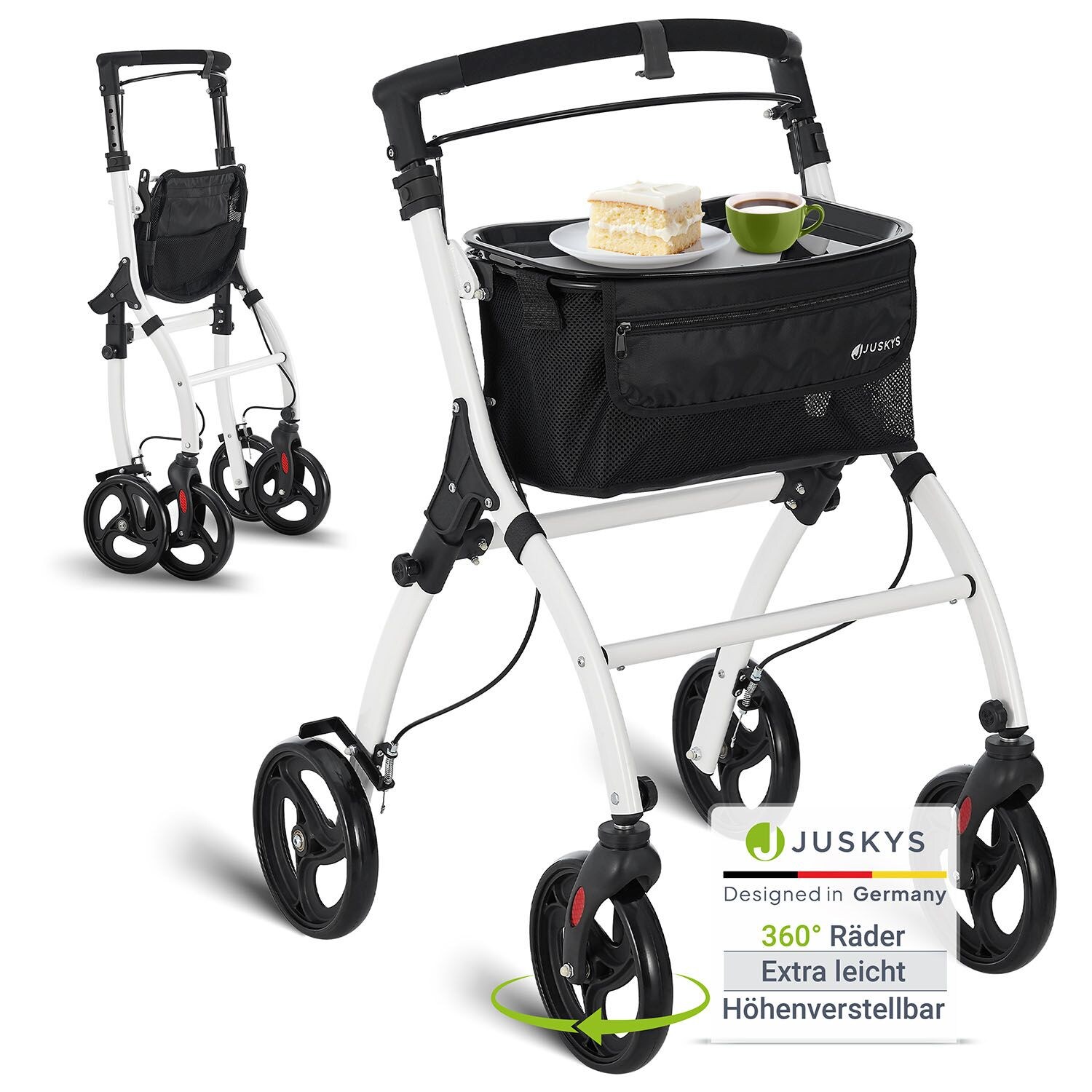 Juskys Aluminium Wohnungsrollator Aktiv - Tasche & Tablett - Rollator schmal & faltbar - Wei&szlig; 
