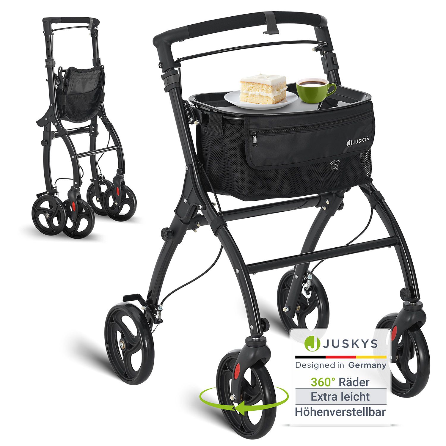 Juskys Aluminium Wohnungsrollator Aktiv - Tasche & Tablett - Rollator schmal & faltbar - Schwarz 