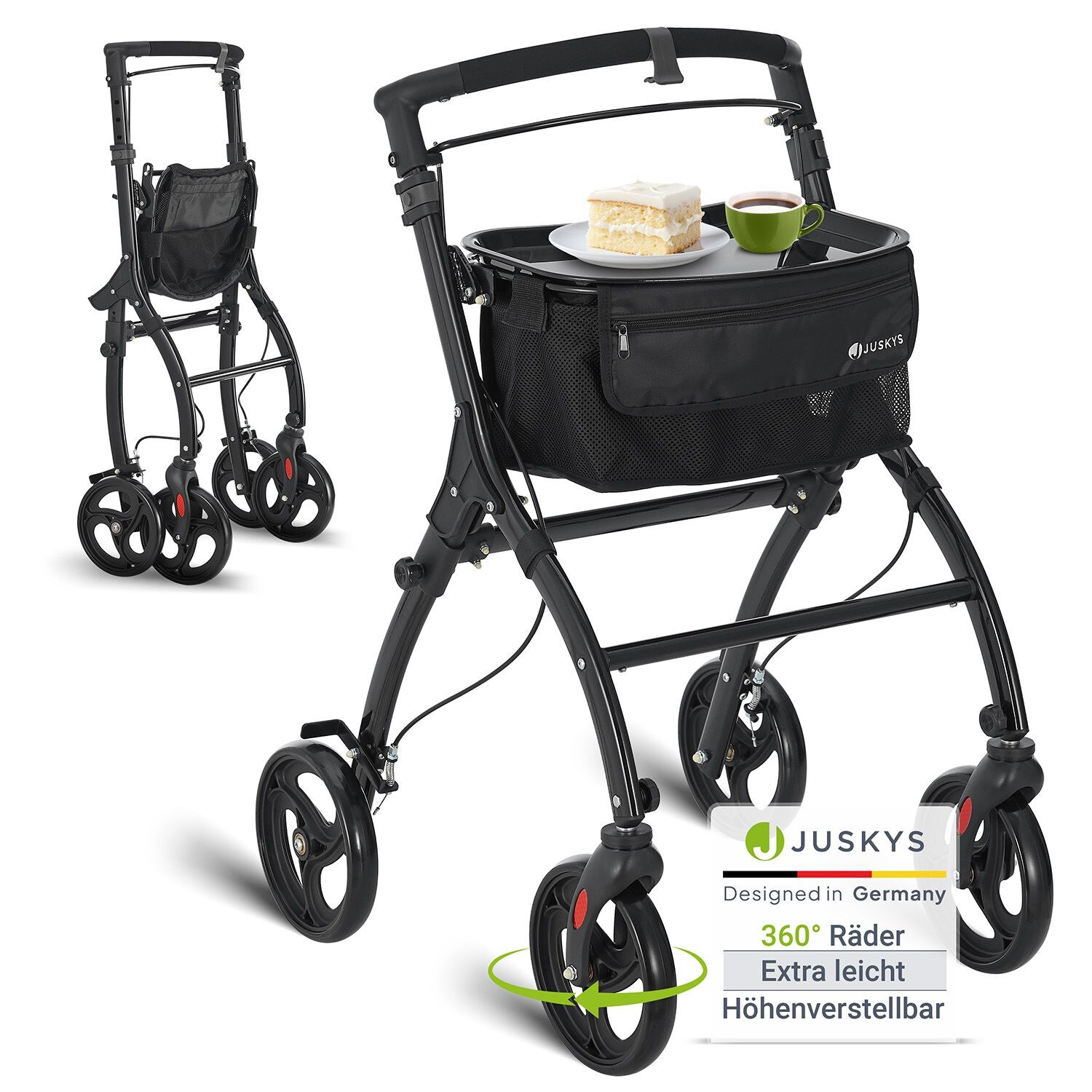 Aluminium Wohnungsrollator Aktiv - Tasche & Tablett - Rollator schmal & faltbar - Schwarz