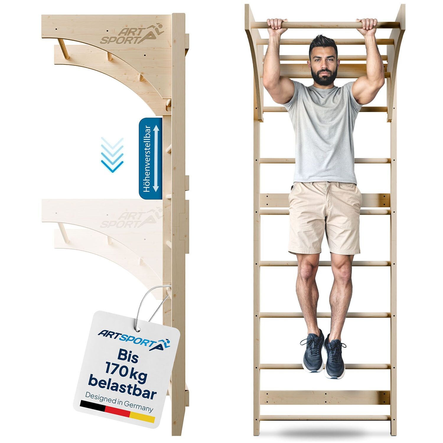 Sprossenwand für Erwachsene - Indoor Klettergerüst aus Holz mit Klimmzugstange - Natur